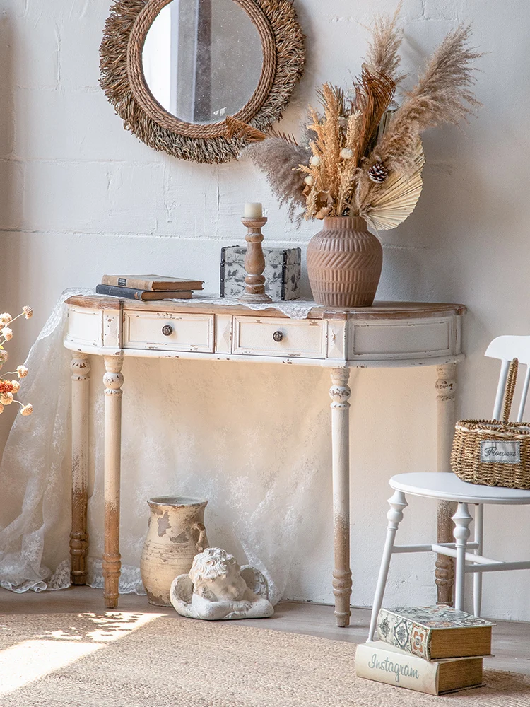 Two Toned Half Round Wooden Console Table with Drawers, Living Room Furniture, Retro Shabby Chic Style