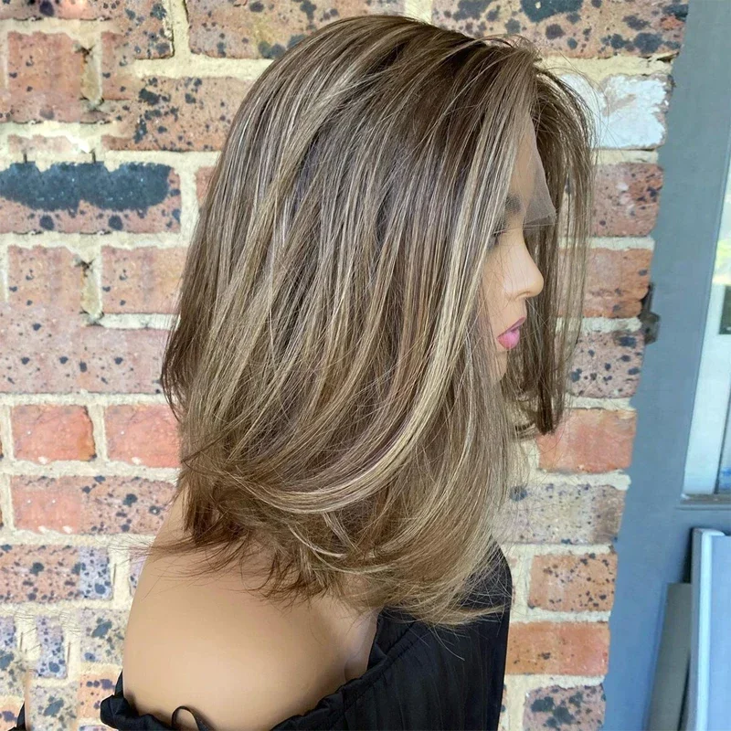 

Long Straight Highlight Brown 14” Glueless Soft 5x5 Silk Base Jewish Human Hair With BabyHair HD Lace European Hair Preplucked