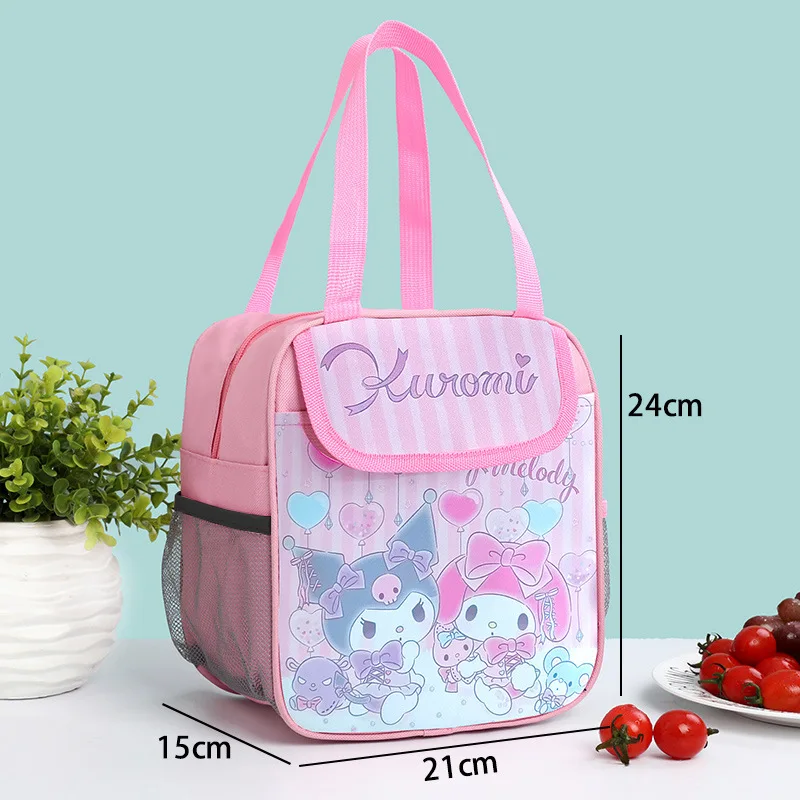 Sanrio tas kotak makan siang isolasi Hello Kitty Kuromi Melody Cinnamoroll kartun siswa kapasitas besar portabel tas makan siang yang dipertebal