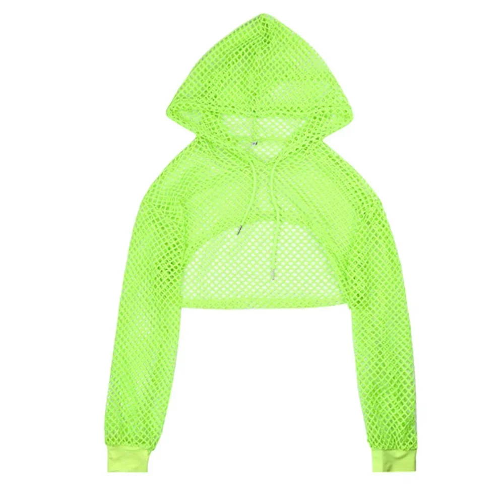 Female Tops Summer Sunscreen T-shirt Hollow Hooded Lace-up Mesh New Streetwear Tops Transparent Women's Blouse
