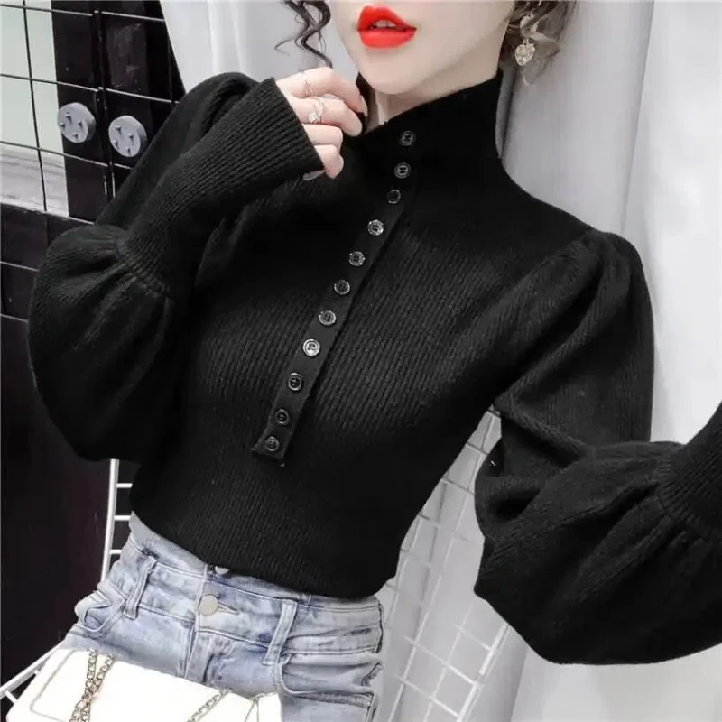 

Autumn New Long Sleeve Slim Pullovers Solid All-match Button Simplicity Elegant Sweaters Fashion Temperament Women Clothing