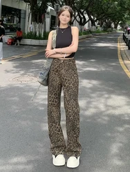 Design leopard print American retro jeans women's summer casual wide-leg high street loose straight narrow version long pants