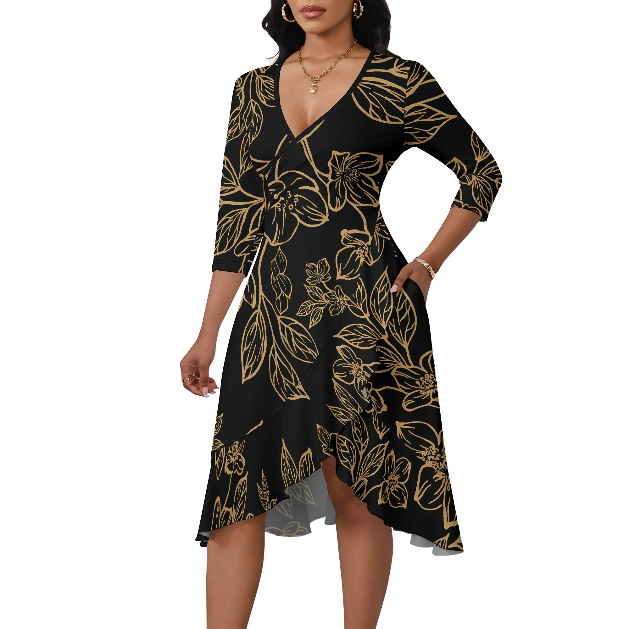 Nupusa Robe à imprimé floral pour femme, tenue asymétrique d'été décontractée, col en V, demi-manches