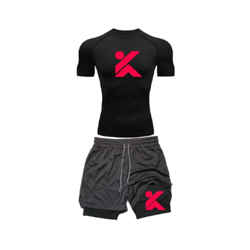 Atasan Olahraga Kasual Gym Gambar Cetak Huruf K Baru Setelan Pria Ketat Olahraga Desain Fashion Cepat Kering Leher Bulat