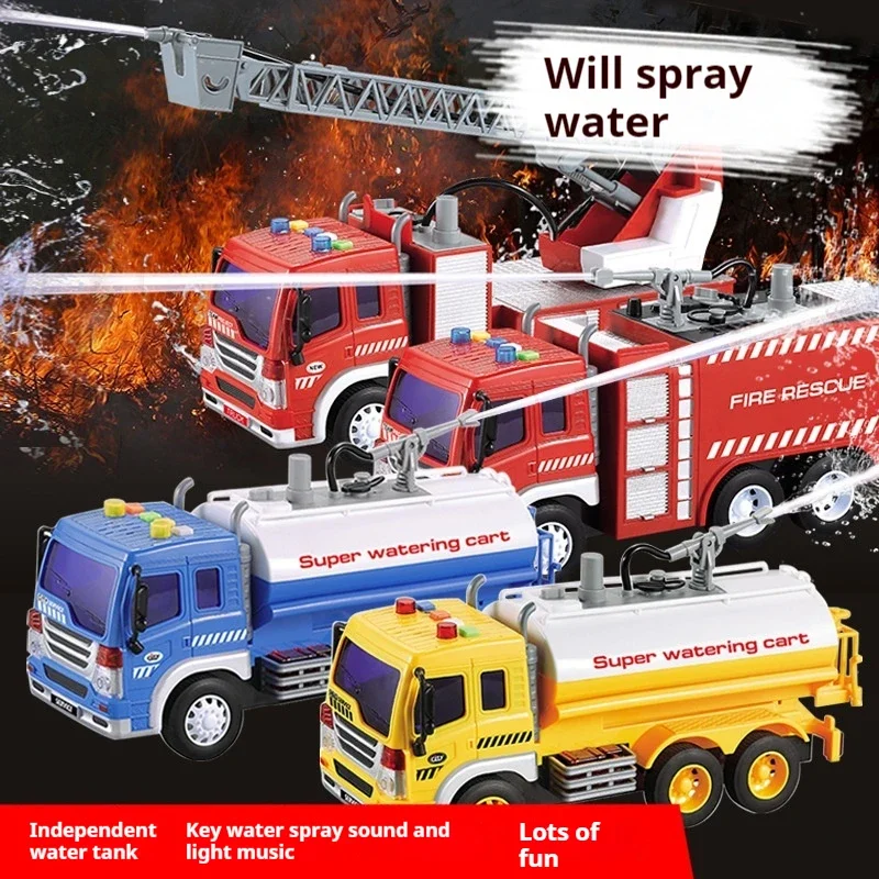 

Large 1/16 Scale Inertial Fire Truck & Sanitation Truck Toy with Story and Water Spray Function, Great for Kids' Entertainment