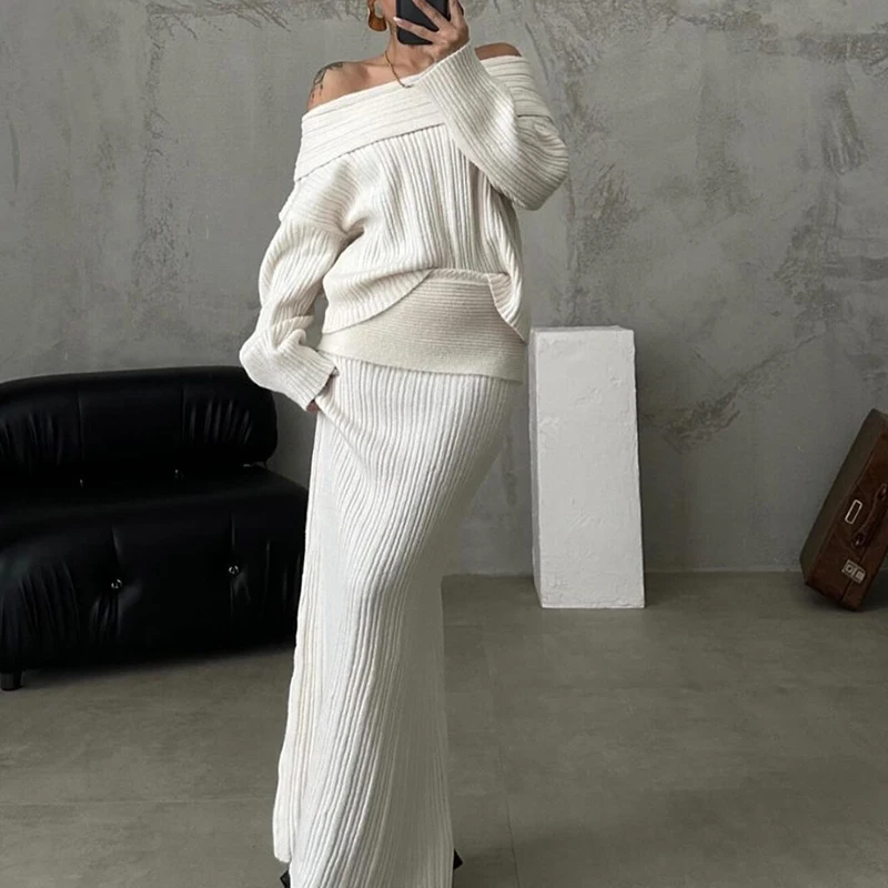 Autumn Winter Thick Knitted 2 Piece Set Simple Solid Long Sleeved Slim Outfit Ladies Sexy Slash Neck Sweater and Half Skirt Suit