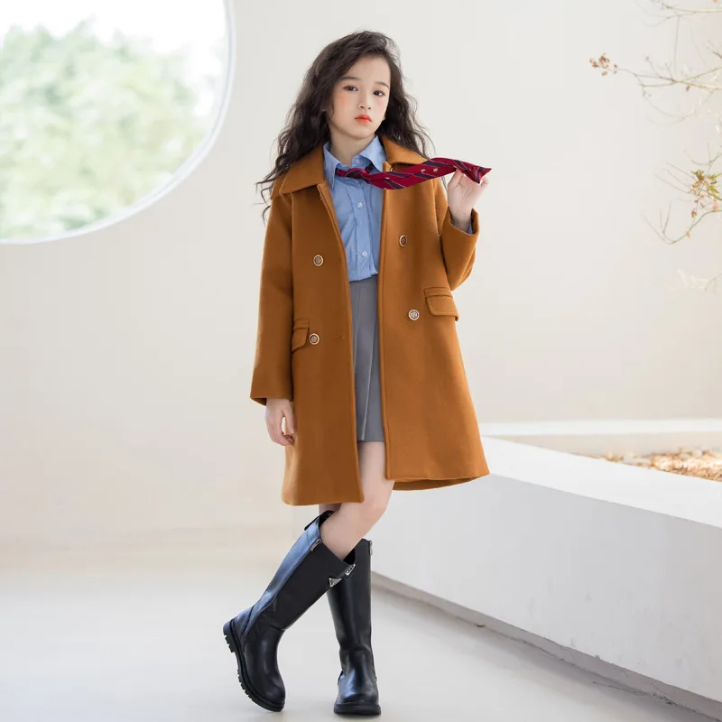 

Teenage Girls Woolen Jacket Mid-length Caramel Color Casual Fashion Childrens Coat Autumn Winter College Style Kids Outerwear