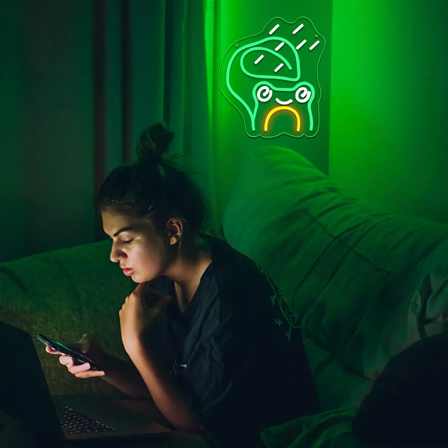 Leaf Frog Neon Sign Raindrop Fun LED Rainy Day Neon Lights USB Dimmable for Men Cave Game Room Living Room Party Bedroom Decor
