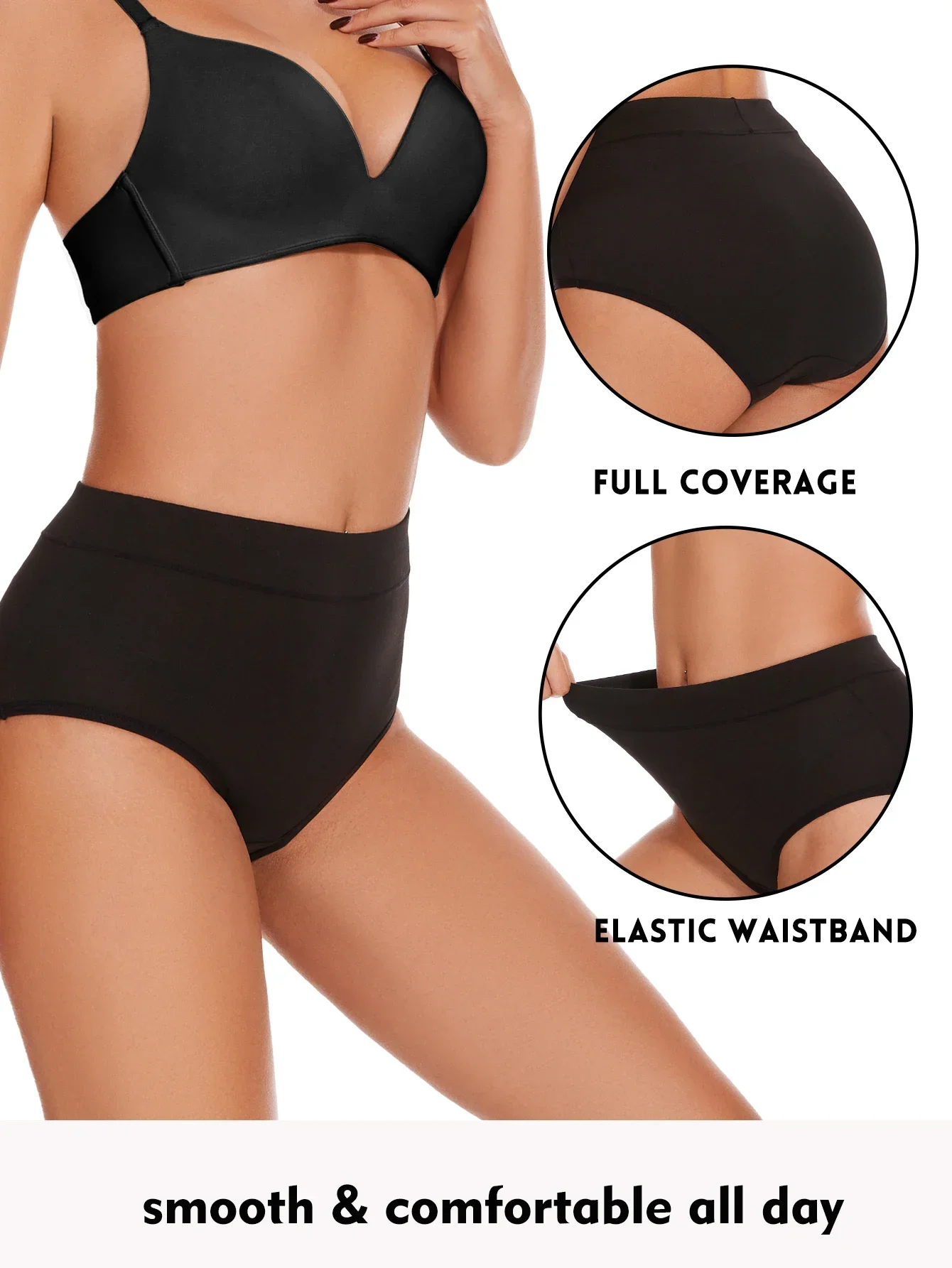 5 PCS High Waisted Underwear Briefs for Women 95% Polyester Fabric Soft Stretchable Ladies Full Coverage Panties Black