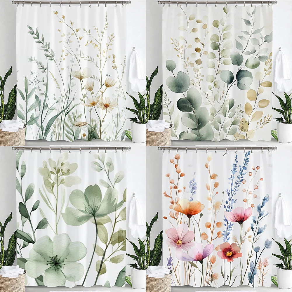 Aquarell Botanischer Blätter-Duschvorhang, Blumen-Badezimmer-Dekorationsvorhang, Bedruckter Stoffvorhang mit Haken