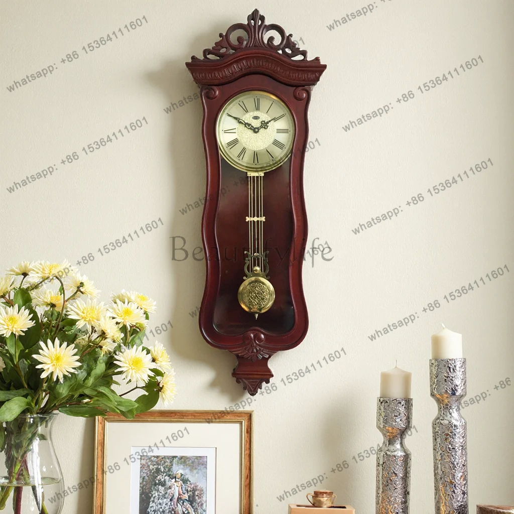 French vintage solid wood wall clock with music chimes swinging quartz villa pendulum wall clock