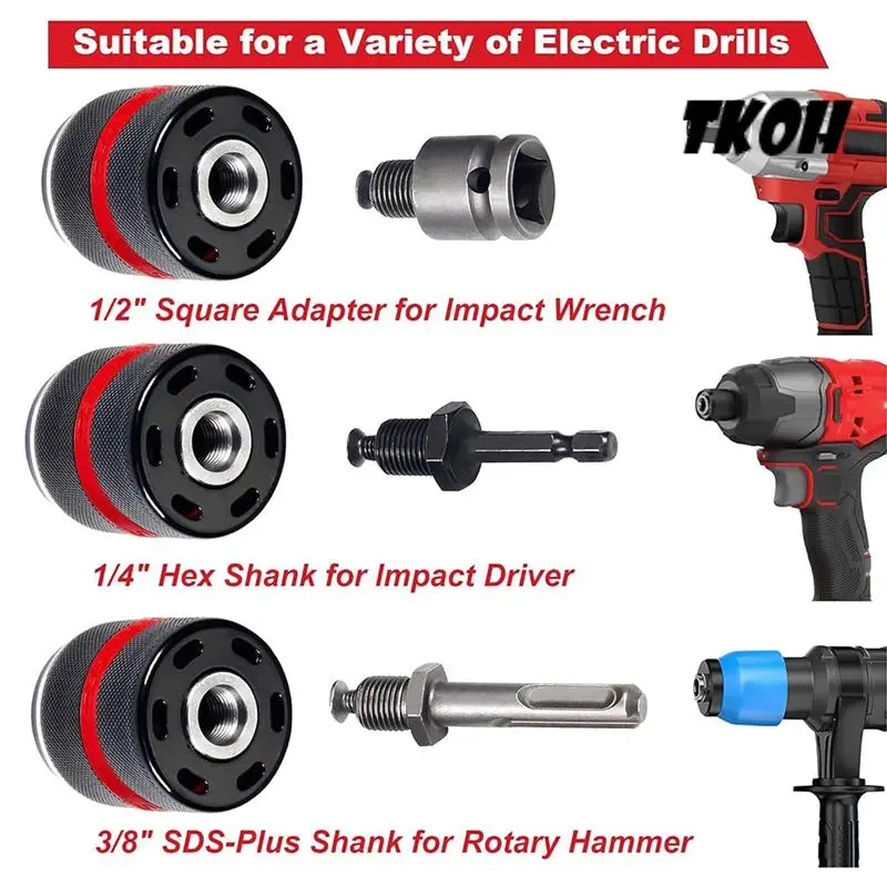 

TKOH-Keyless Drill Chuck For , 1/2-20UNF Mount, 1.5-13Mm Self-Tighten, With SDS-Plus & Hex Shank Adapters