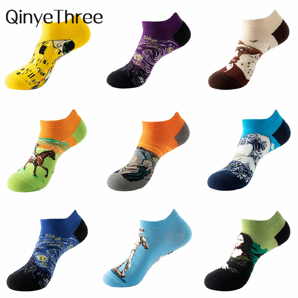 

Men's Fashion Funny Vintage Famous Oil Painting Harajuku Cartoon Happy Casual Business Hipster Short Ankle Socks Dropship