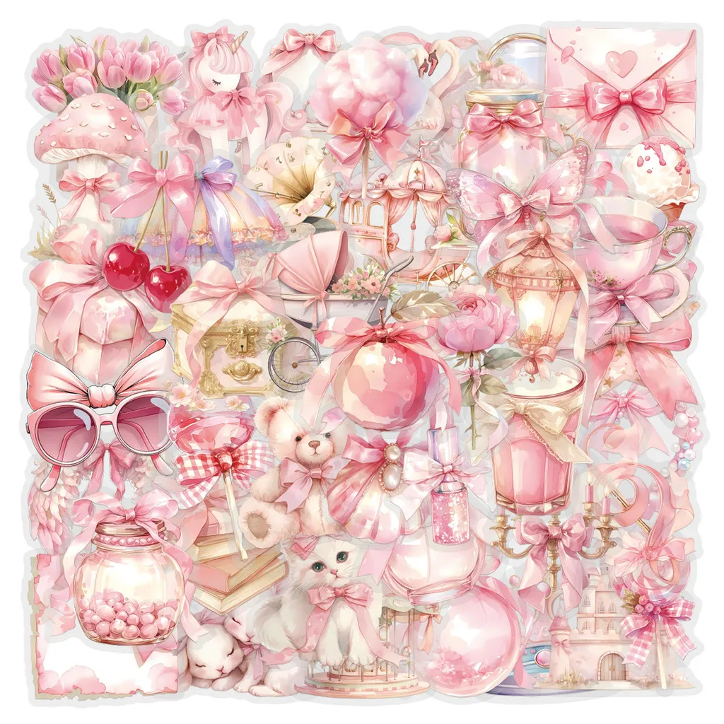 60 Pieces Pink Coquette Sticker Pack - Waterproof Transparent PET Decals, Ideal as Journal Flower Supplies Papery Pop Store
