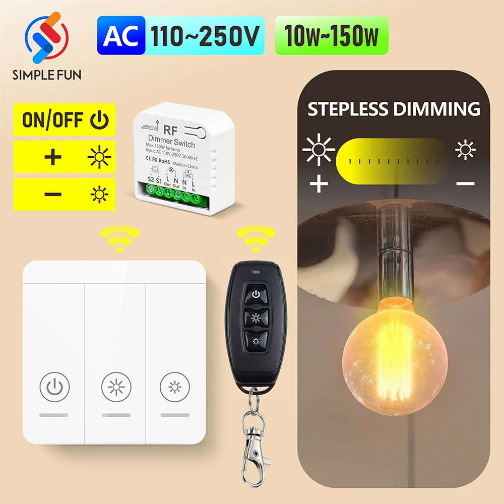 

433mhz Wireless Dimmer Light Switch AC 110V 220V 230V 10~150W Brightness Control Remote Module for LED Bulb Halogen Lamp