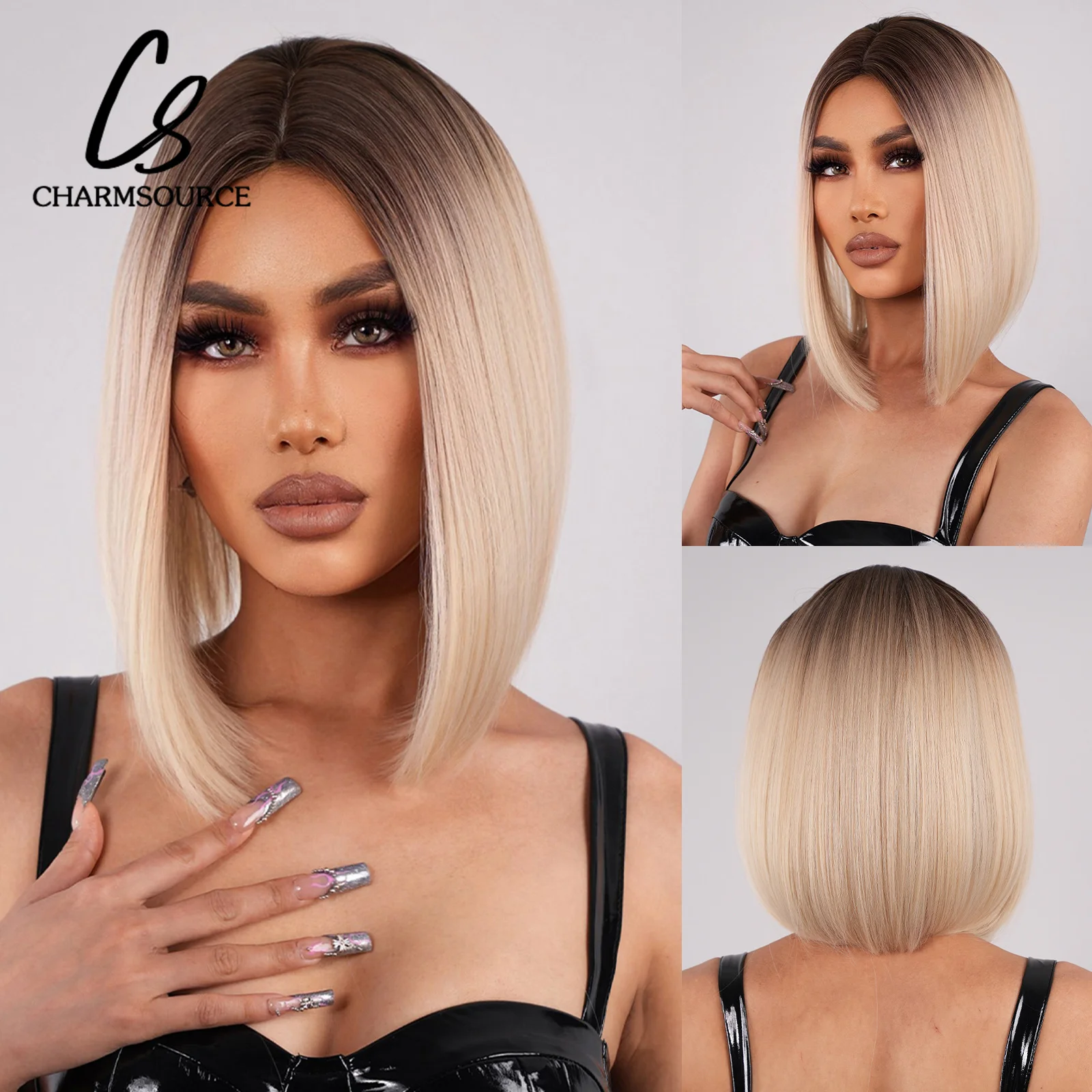 

CharmSource T Part Synthetic Wig Ombre Brown to Blonde Wigs Short Bob Wigs Party Cosplay Heat Resistant Fiber Hair High Density