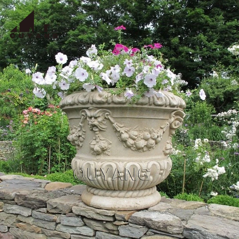 Custom Garden Decoration Design Large Size Handmade Stone Vase White Marble Flower Pot