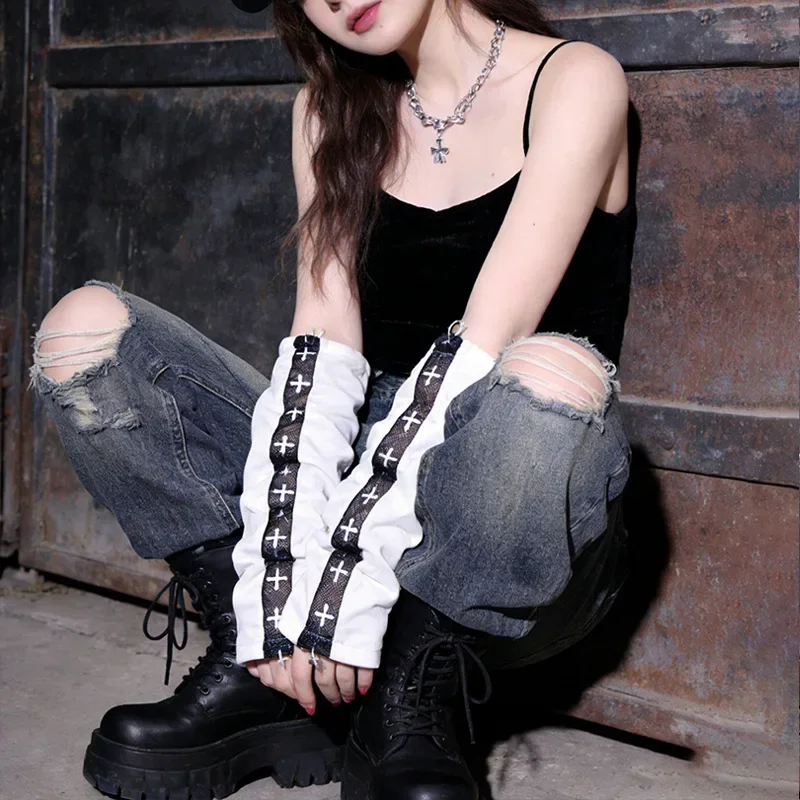 Street Style Arm Sleeves for Women Y2K Long Sleeve Covers Harajuku Cool White Cross Webbing