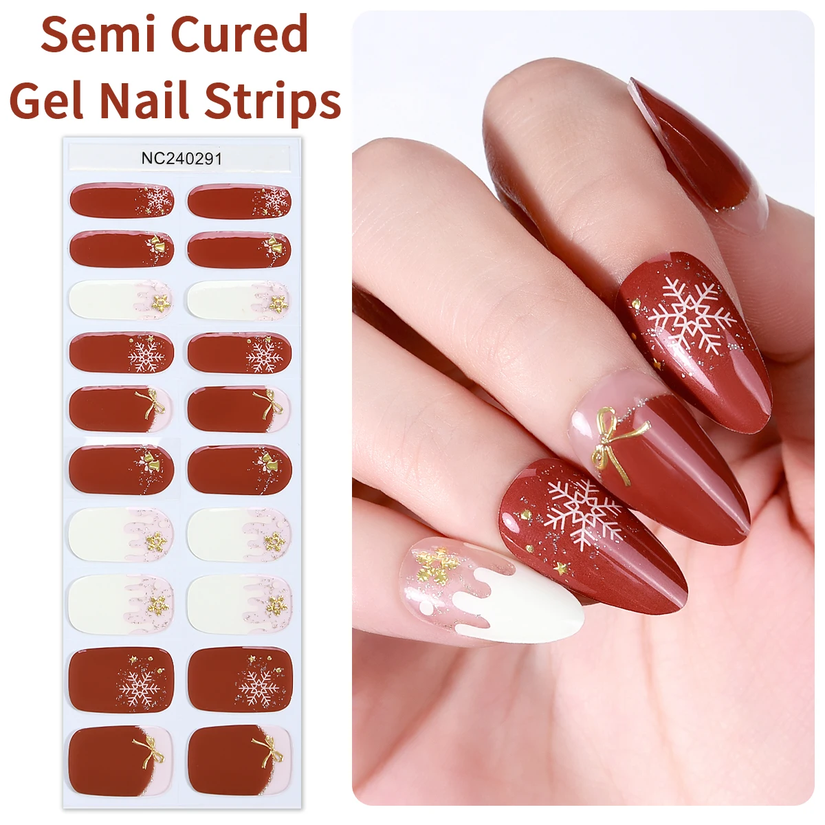 20Tips Christmas Luminous Semi-Cured Gel Nail Strips Snowflake Bear Bell Gel Nail Stickers For New Year Manicure UV Nail Wraps