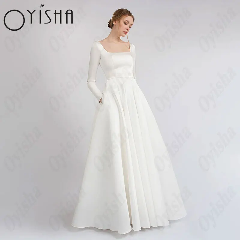 OYISHA Square Collar Satin Wedding Dresses Gorgeous Full Sleeves A-Line White Bridal Gowns For Woman Elegant Vestido De Mariages