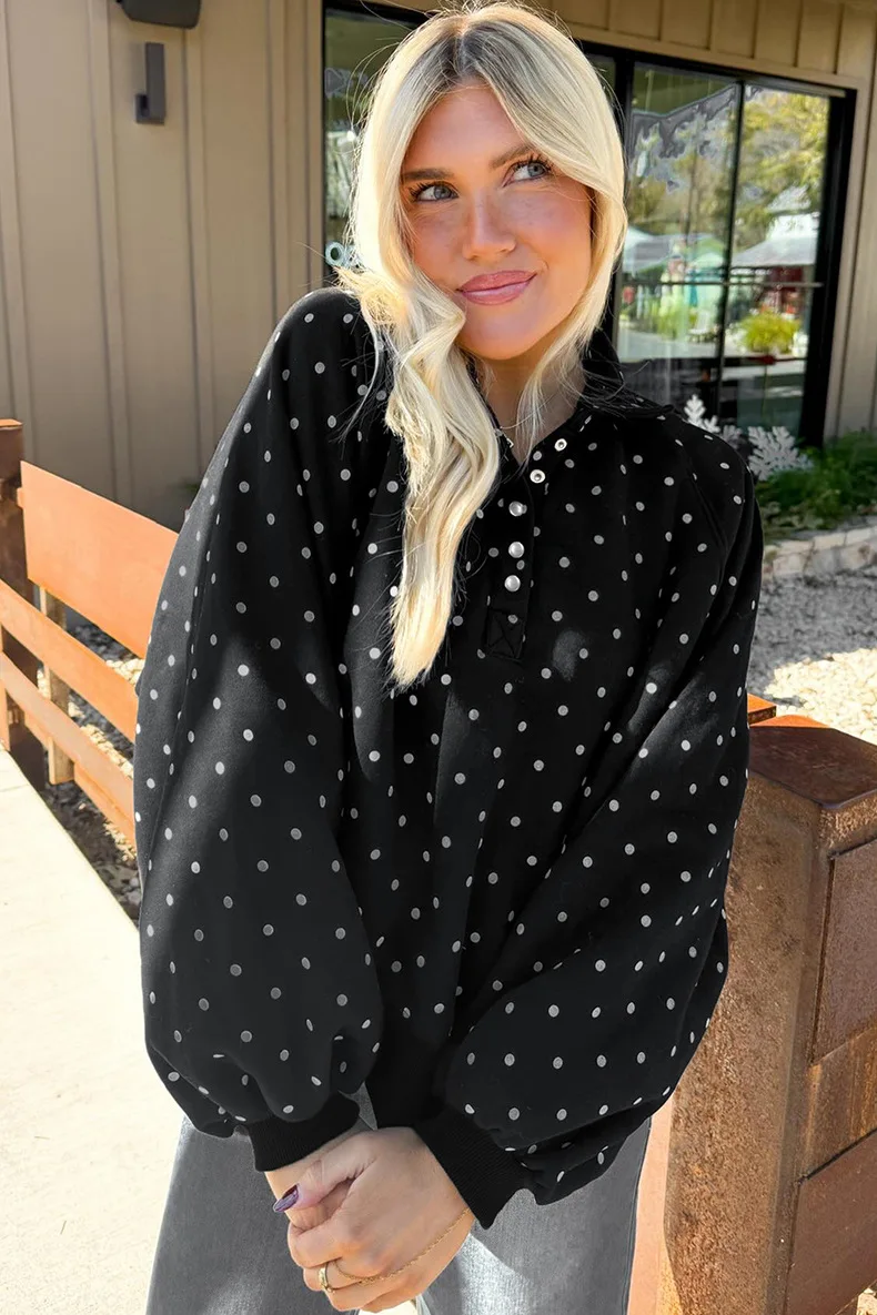 Women Polka Dot Sweatshirt Half Zip Pullover Oversized Loose Fit Long Sleeve Casual Tops Autumn Winter Streetwear