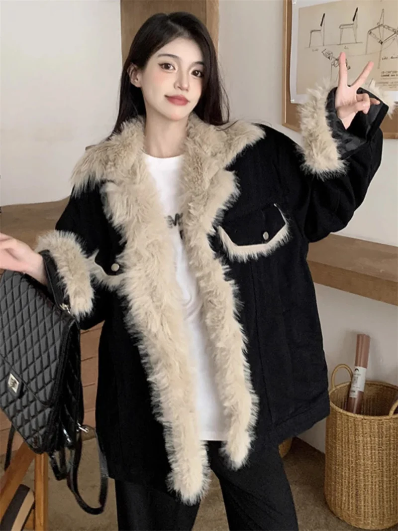 

Women Fat MM Retro Contrasting Small Fragrant Hairy Collar Cowboy Coat Women's Trendy end Thickened Medium length Cotton Jacket