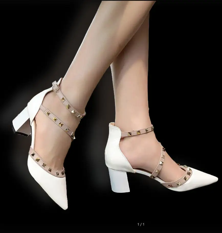 

Летние новые стильные модные удобные и элегантные банкетные остроконечные однотонные туфли с заклепками, износостойкие женские туфли на высоком каблуке