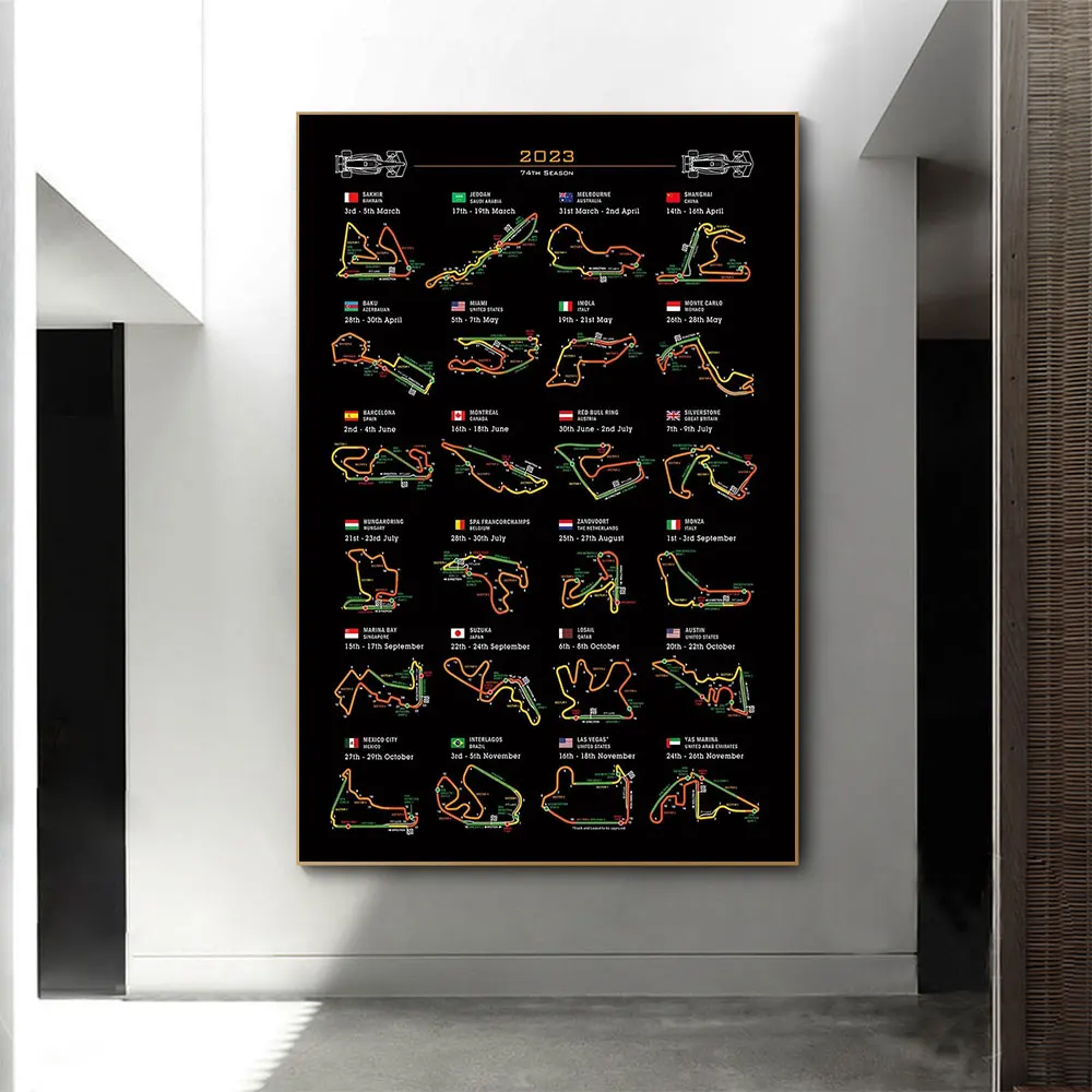 2023 New Calendar F1 Formula One Racing Season Track Posters and Print Canvas Painting Wall Art Picture for Room Home Decor Gift