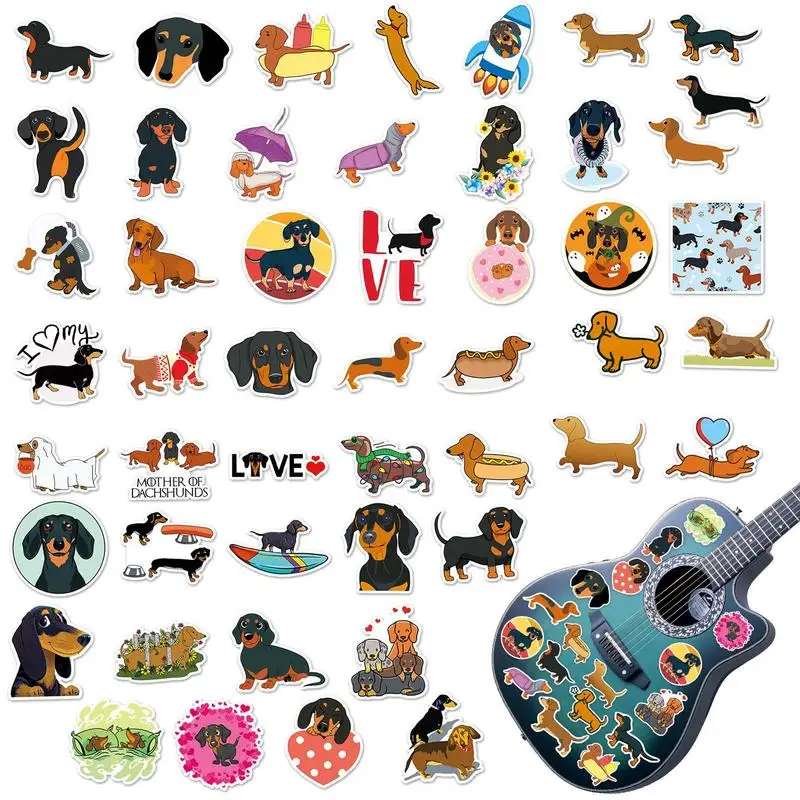 재미있는 강아지 스티커 만화 귀여운 닥스훈트 데칼, 문구, 기타, 전화, 자전거, 노트북, 수하물, 자동차 그래피티, 어린이 스티커, 50 개