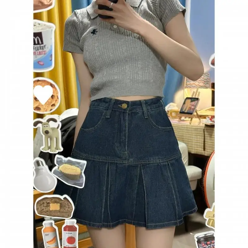 

Джинсовая юбка с высокой талией в стиле ретро, женская летняя новая утягивающая универсальная дизайнерская плиссированная юбка трапециевидной формы для поездок на работу, Busin Home