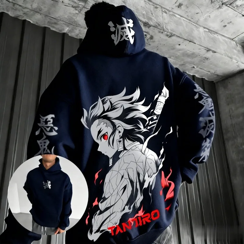 Unisex Demon Slayer Tanjiro Anime Hoodie Baumwollpullover mit Grafikdruck Übergroße Lässige Streetwear Cosplay Y2k Langarm-Oberteile