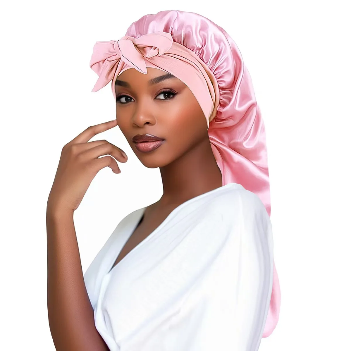 Women long Oversized Elastic Satin Bonnet Sleeping Cap With Ribbon Breathable Sleeping Cap Turban Sleep Headwear Bandanas image 3