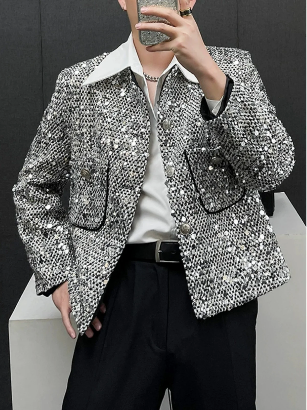 

New Black And Silver Trend Heavy Industry Full Of Sequins Loose Short Jacket Men's Explosive Street Shiny Ruffian Handsome Coat