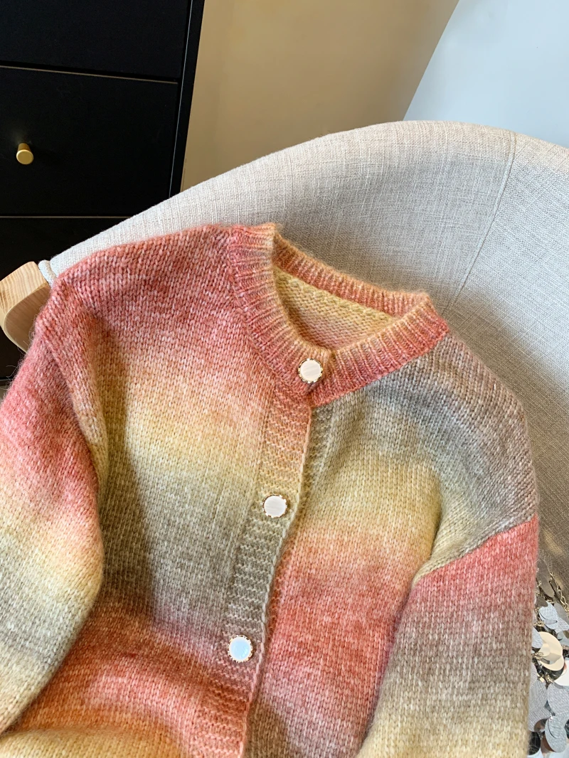 Korean Preppy Style Rainbow Cardigans Single Breasted O-Neck Gradient Color Knitted Sweater New Fashion Casual Outerwear Baggy