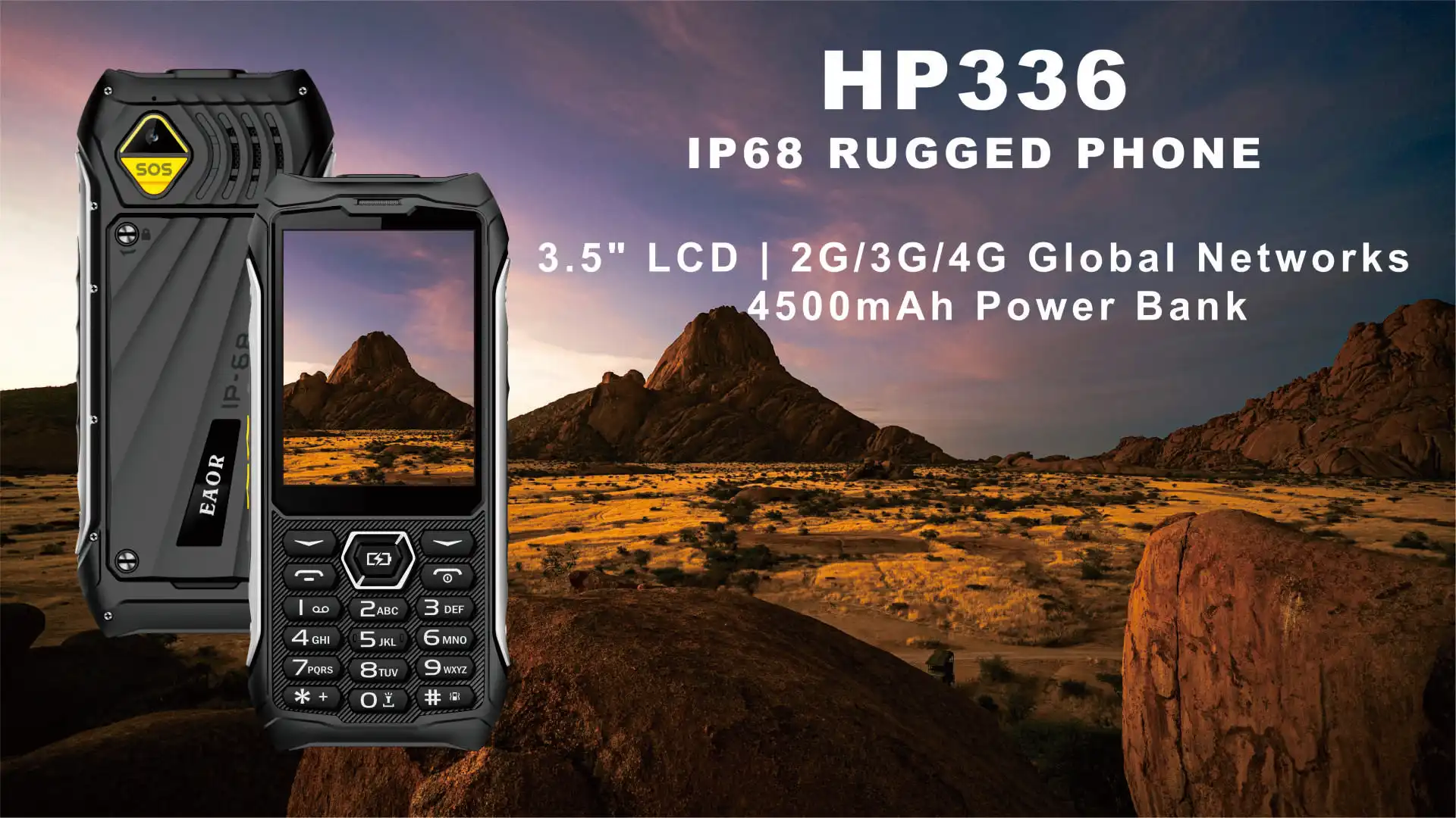 EAOR 336-4G Slim Rugged Phone IP68 Real Three-Proof Feature Phone Big Battery Dual SIM Keypad Phones with Glare Torch Telephone