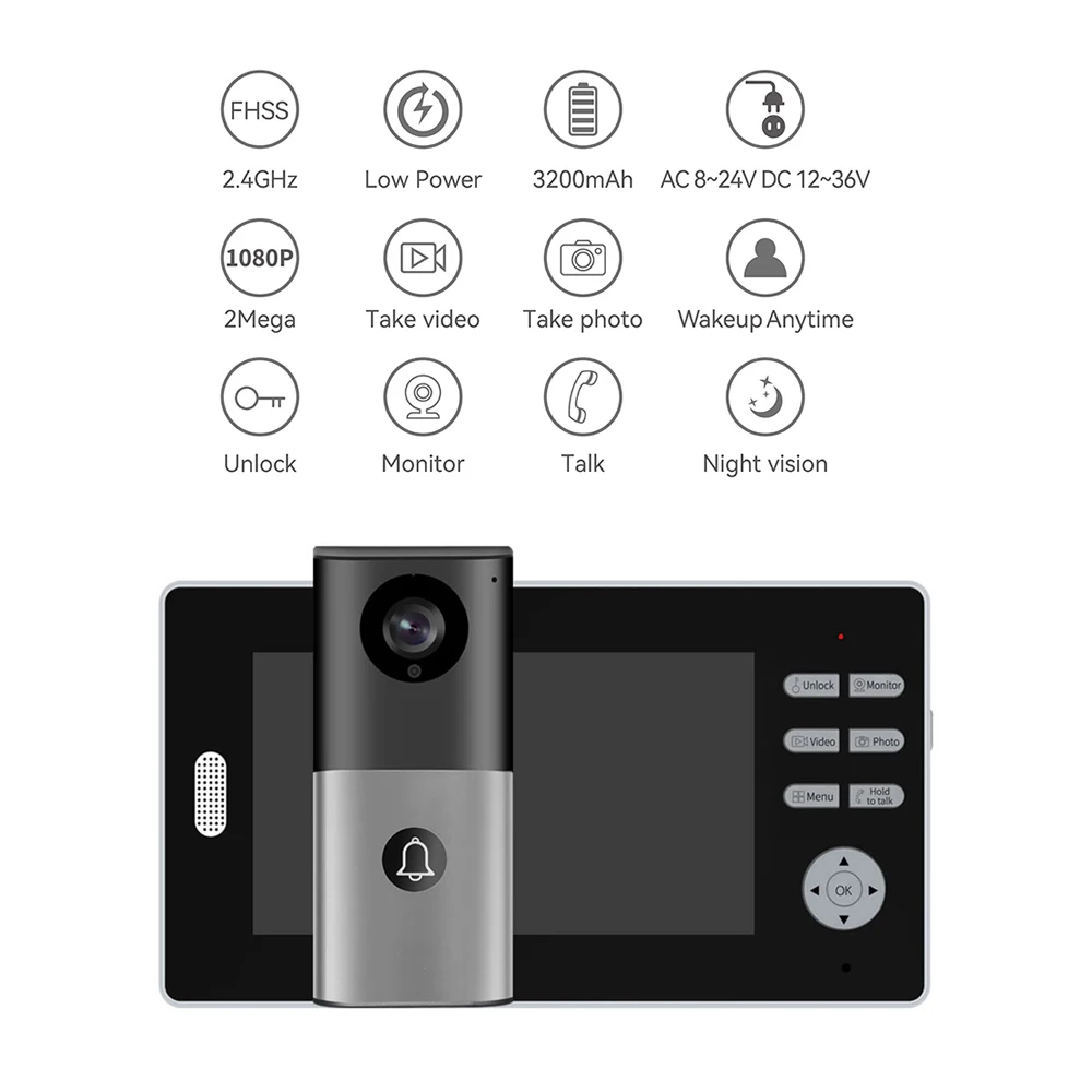 HD1080P 7 Inch Wireless Doorbell Video Intercom 140° Wide Angle Camera Door 2.4Ghz Wiring Free Apartment Home Security System