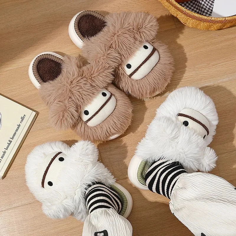 

Cartoon cute cotton slippers women's winter plush warm couple home indoor non-slip fluffy slippers men's furry slippers