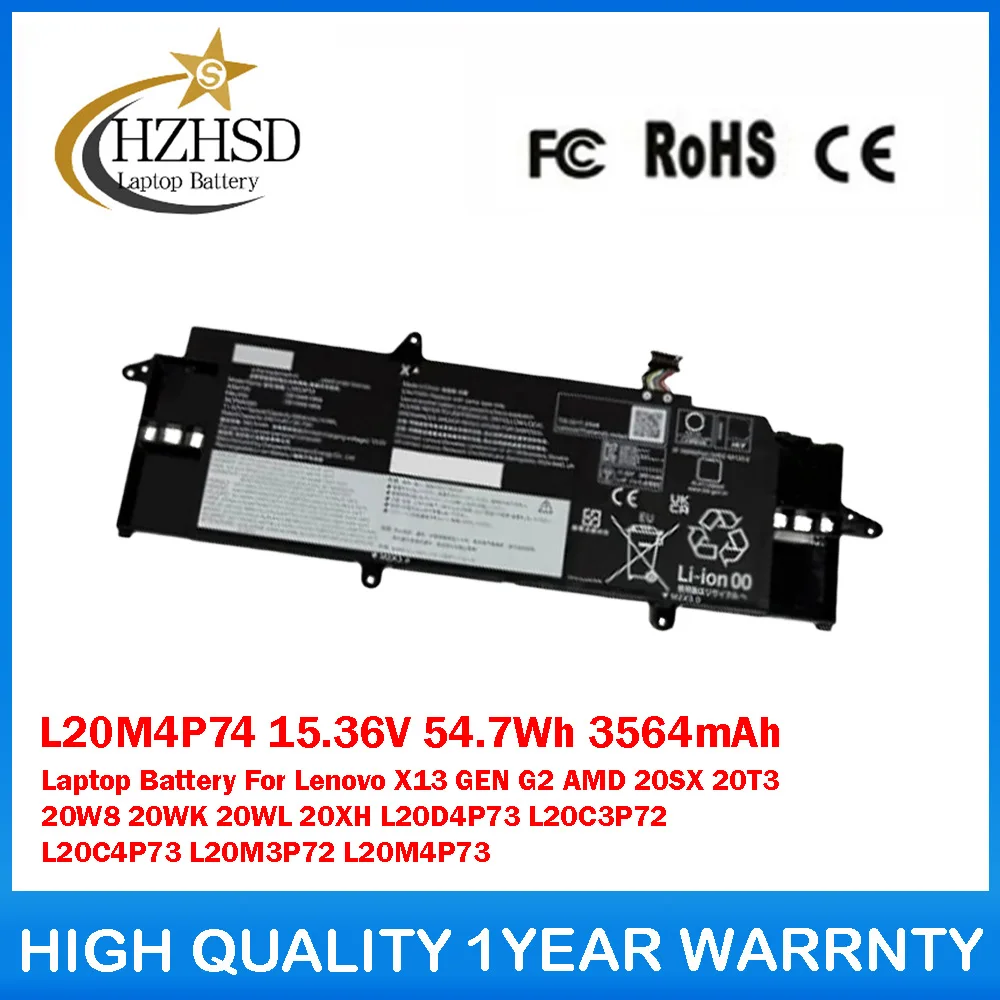 

L20M4P74 15.36V 54.7Wh 3564mAh Laptop Battery For Lenovo X13 GEN G2 AMD 20SX 20T3 20W8 20WK 20WL 20XH L20D4P73 L20C3P72 L20C4P73