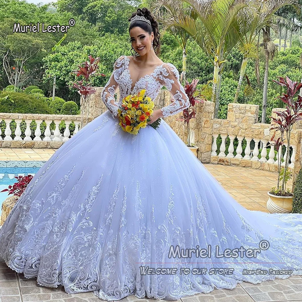 Luxury Lace Appliques Wedding Dresses For Bride Illusion Long Sleeves O Neck Princess Bridal Gowns Customized Women Party Attire