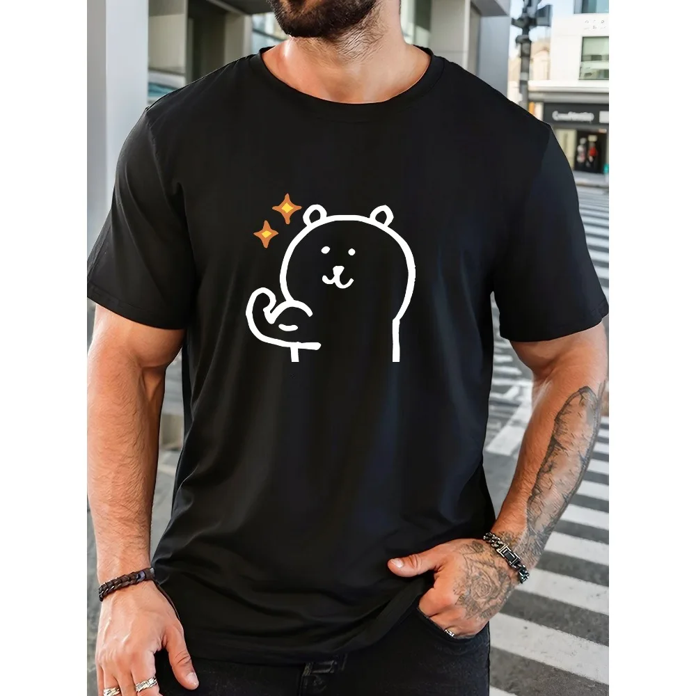 Male Round Neck T Shirt Simple Line Art Smiling Bear Thumbs Up Small Sparkle Print Lovely Daily Wear Cotton Tee