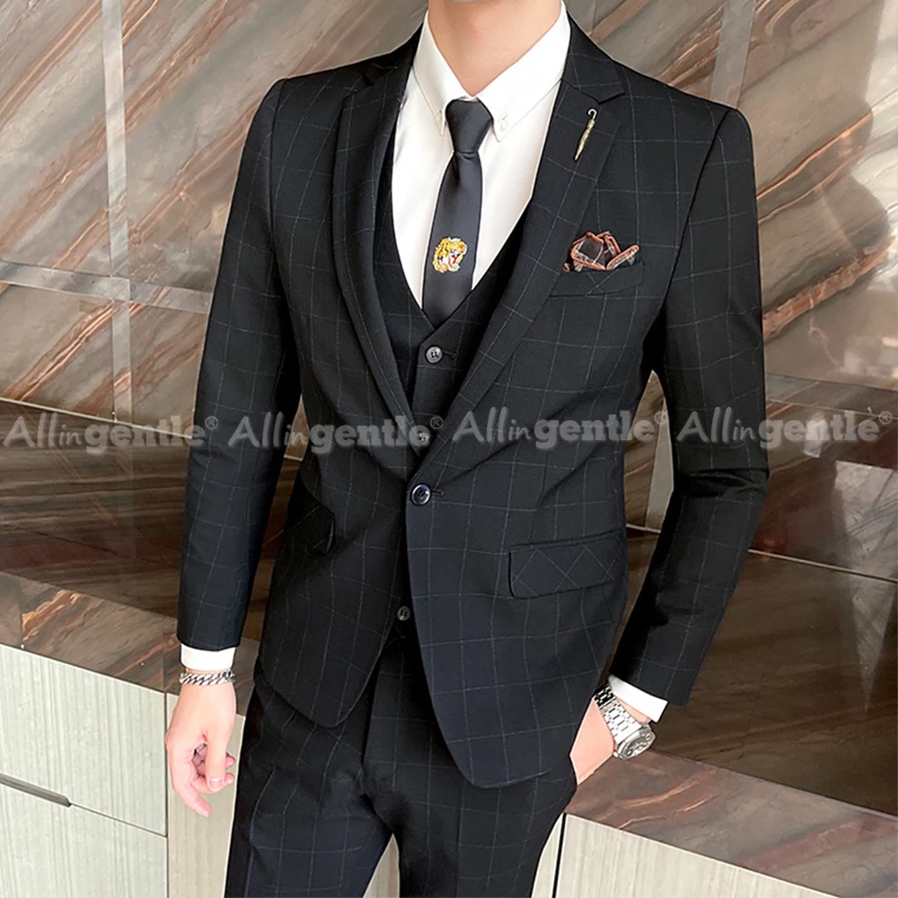 Premium Men's Wedding Suits Classic 3 Piece Plaid Set Slim Fit Notched Collar Suit with Single Button Closure