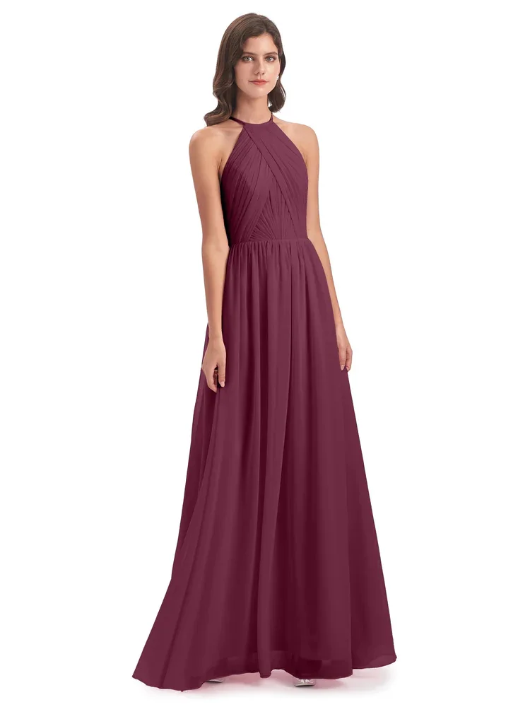 

New Product A-Line Halter Keyhole Neckline Floor-Length Chiffon Bridesmaid Dress Elegant Zipper Back Gowns For Wedding Guests