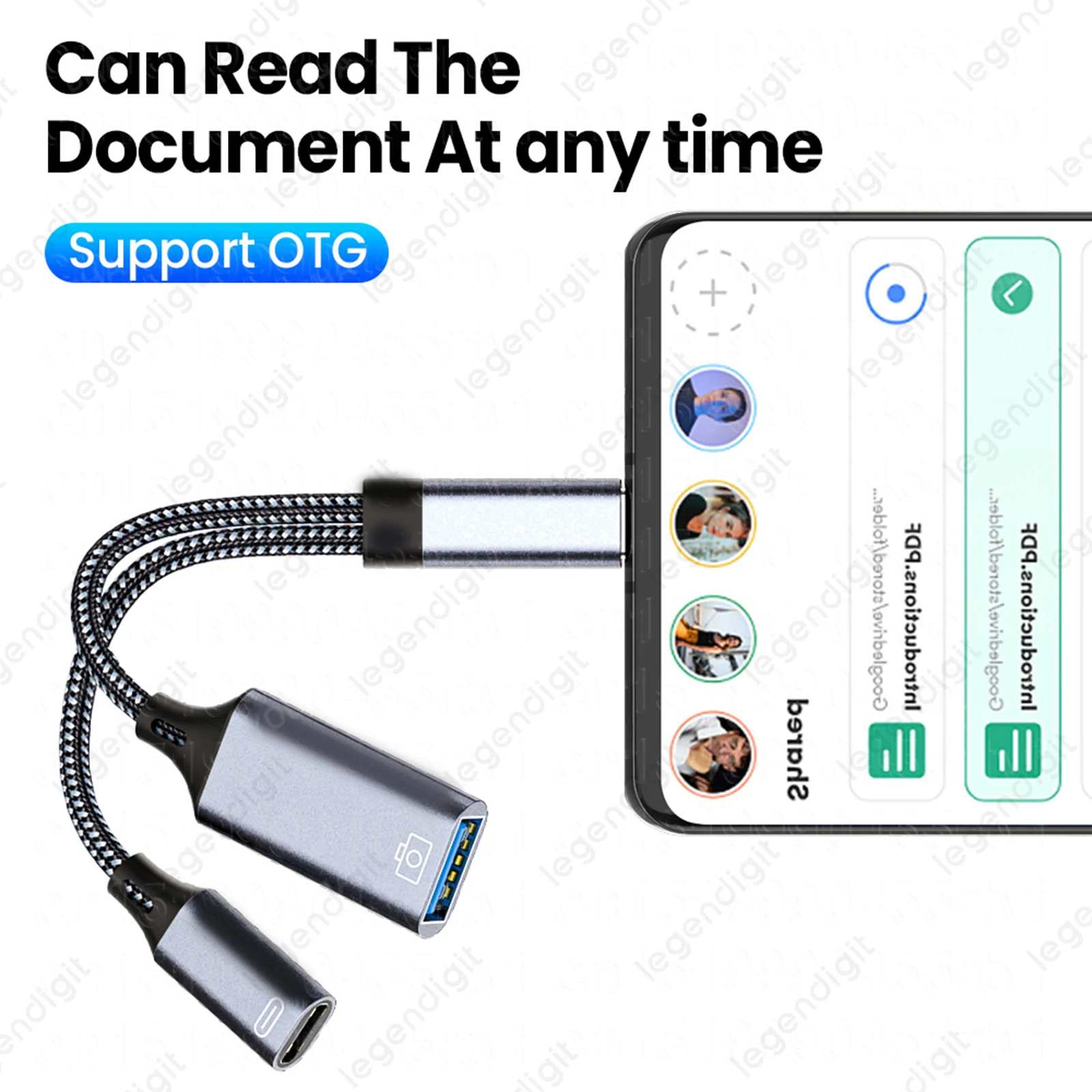 2in1 Type C to USB A OTG Cable Phone Adapter with Charging Cord and USB Port for IPhone15 16 Pro Mac iPad Samsung Huawei Laptop