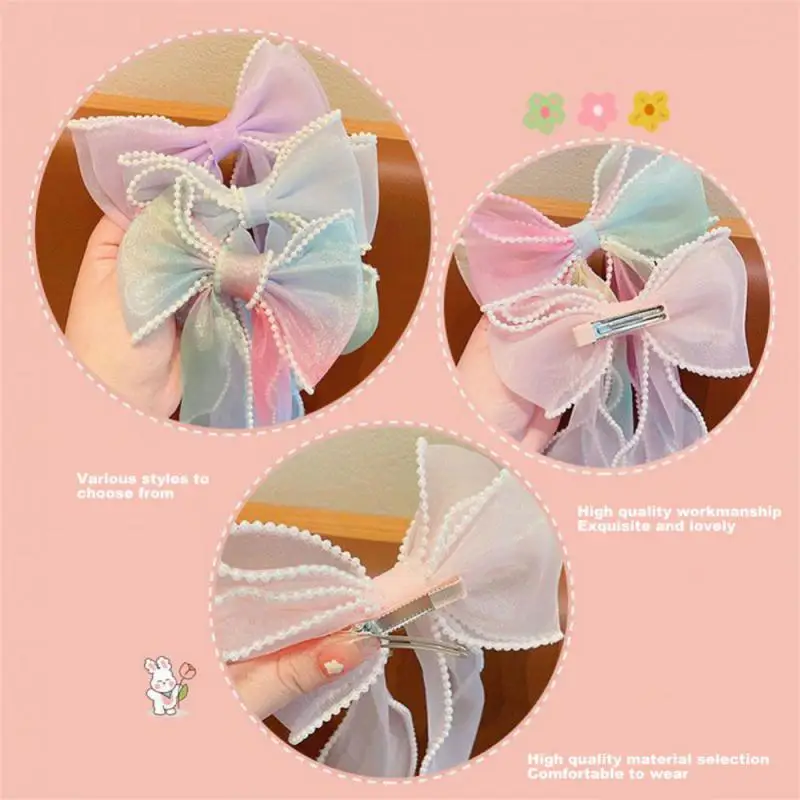 Pearl Organza Bow Tie Ribbon Hair Clip For Children Sweet New Style Braided Hair Versatile Ribbons Super Fairy Duckbill Clip