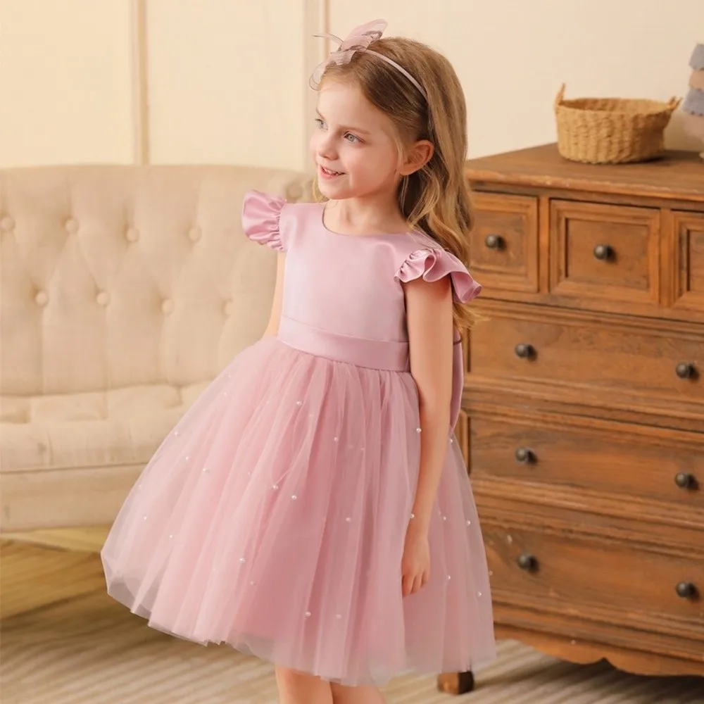 Fashion Red Pink Children's Bow Princess Dress‌ Tulle Big Bow Flower Girl Dress Backless Girls Puffy Dress Kids Party Wear