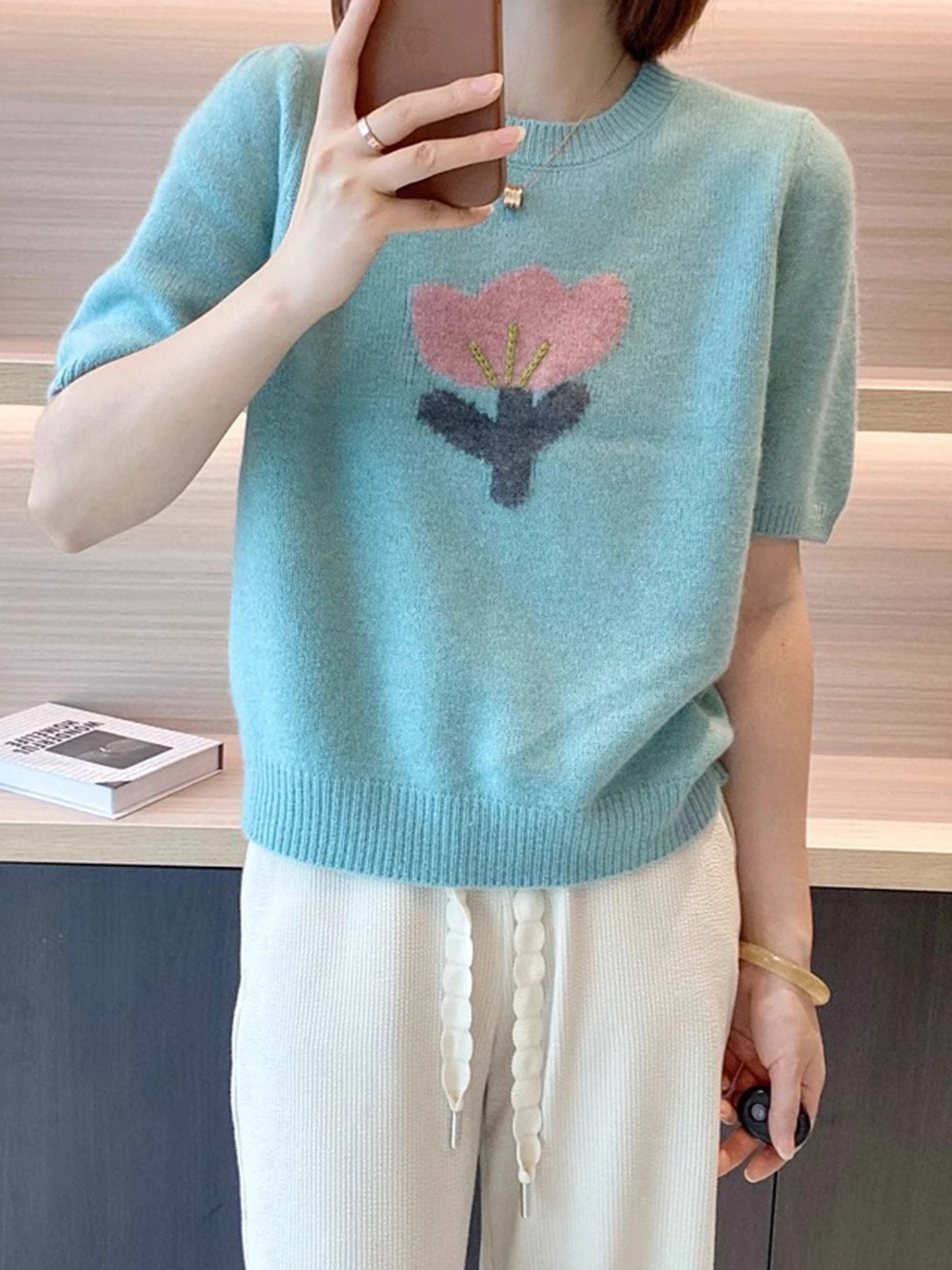 Loose Lazy Sle Summer Knitted Top Women's round Ne ort Sve Embroidered Flower Design Faionable Casual round Ne P...