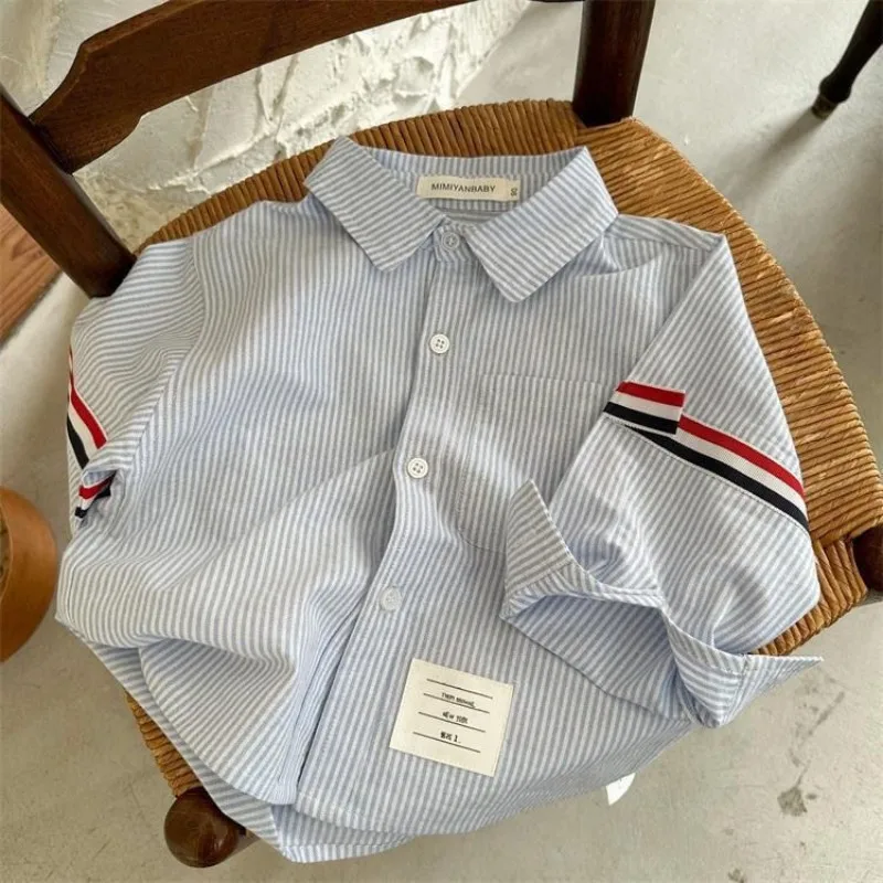 

Boys' Long sleeved Shirt Flip Collar Spring and Autumn New Girl Stripe Shirt Pocket Children's Bottom Shirt