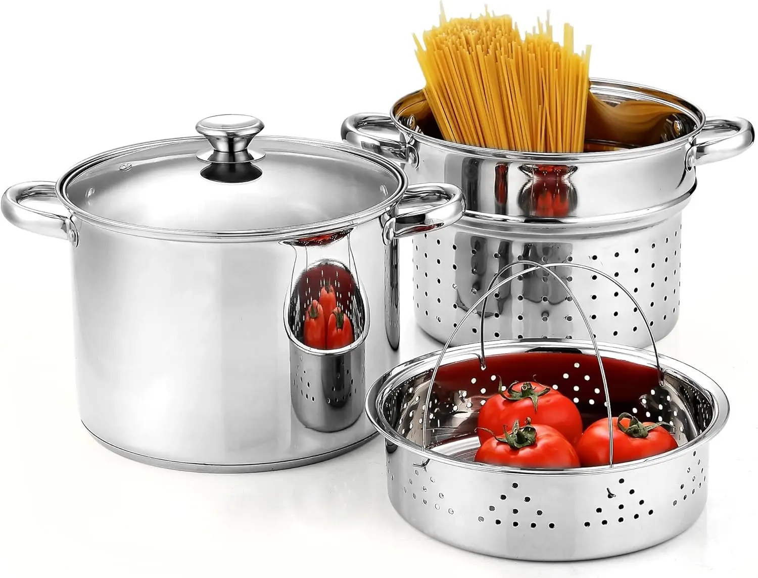 Pasta Pots 4 Piece 8 Quart Multipots Stock Pot Stainless Steel Pasta Spaghetti Steamer with Strainer
