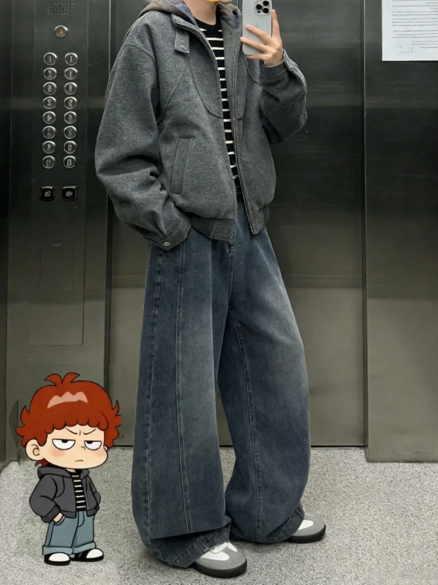 

Retro American Knife Jeans Wide Leg Pants adient Splicing Waed Spring Autumn New Sle Versatile Workwear Trousers