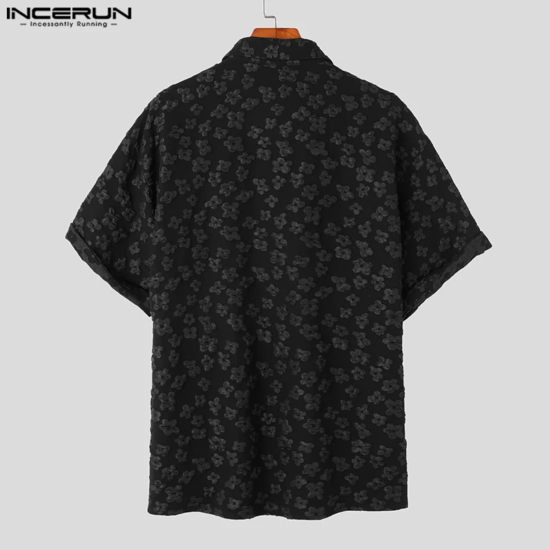 INCERUN Tops 2024 Mens Shirts Flower Jacquard Korean Style Lapel Short Sleeve Clothing Streetwear Loose Fashionable Blouse S-5XL